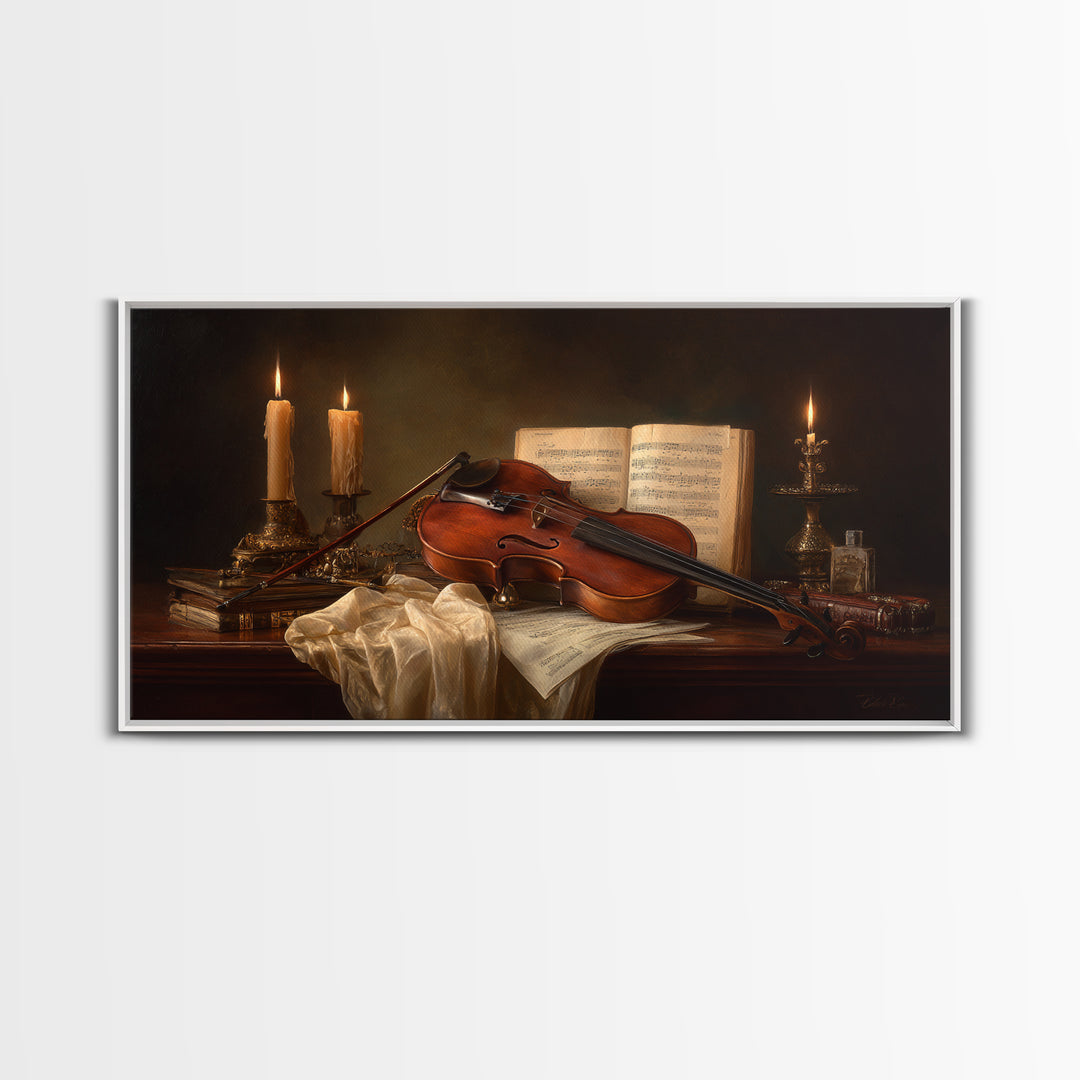 Baroque Violin and Sheet Music Still Life Framed Canvas Print, Baroque Art, Eclectic Wall Art, Living Room Decor, Ornate, BAO-2x1-79