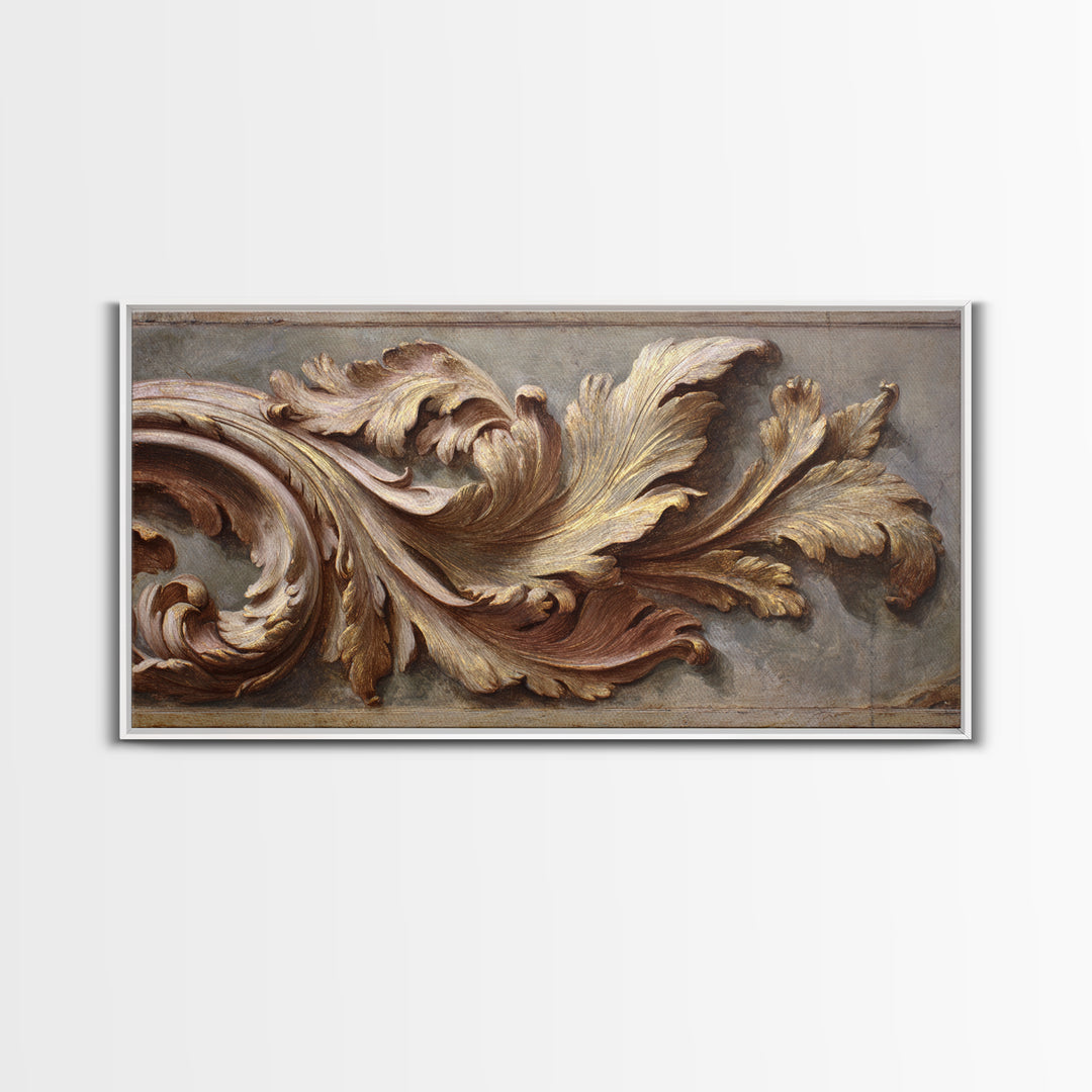 Carved Acanthus Leaf Ornament Study Framed Canvas Print, Baroque Art, Boho Decor, Living Room Decor, Oil Painting, Ornate, BAO-2x1-83