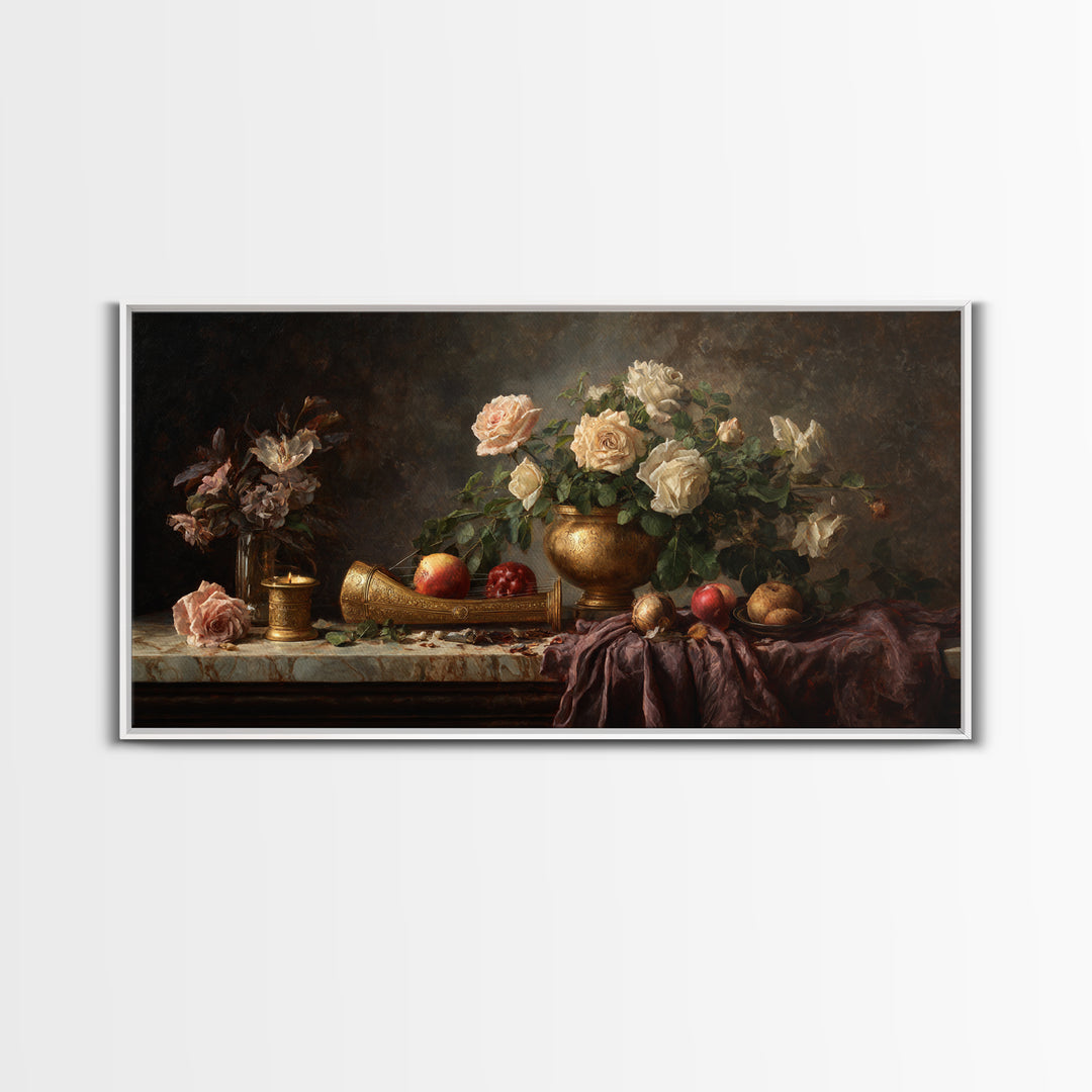 Golden Harp and Roses Framed Canvas Print, Baroque Art, Boho Decor, Living Room Decor, Fine Art, Ornate, Printable Wall Art, BAO-2x1-86