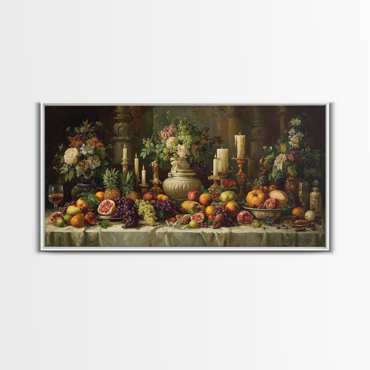 Lavish Banquet Fruit Composition Framed Canvas Print, Baroque Art, Whimsical Decor, Living Room Decor, Fine Art, Ornate, BAO-2x1-88