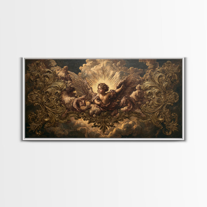 Ornate Cherub Figure Surrounded by Clouds and Canvas Print, Baroque Art, Luxury Decor, Living Room Decor, Fine Art, Ornate, BAO-2x1-94