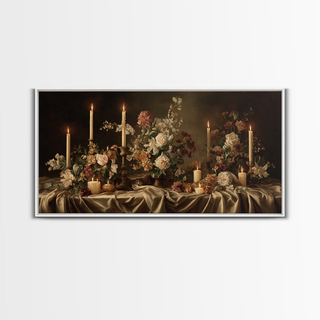 Velvet Drapery with Pearls Flowers and Candlelight Canvas Print, Baroque Art, Maximalist Decor, Living Room Decor, Ornate, BAO-2x1-95