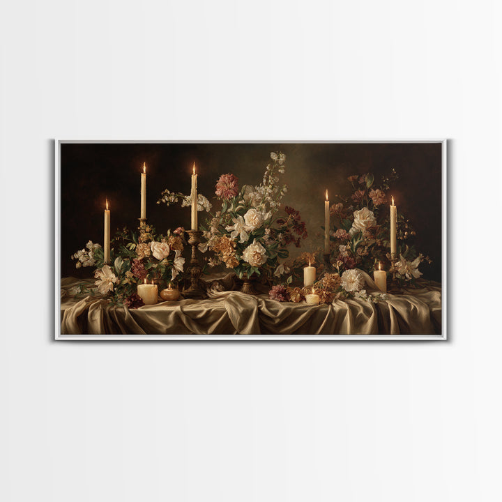 Velvet Drapery with Pearls Flowers and Candlelight Canvas Print, Baroque Art, Maximalist Decor, Living Room Decor, Ornate, BAO-2x1-95