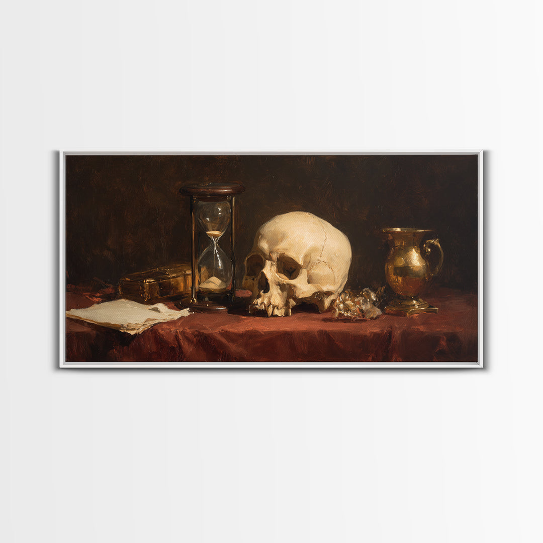 Skull and Hourglass Vanitas Still Life Framed Canvas Print, Baroque Art, Contemporary Art, Living Room Decor, Fine Art, Ornate, BAO-2x1-97