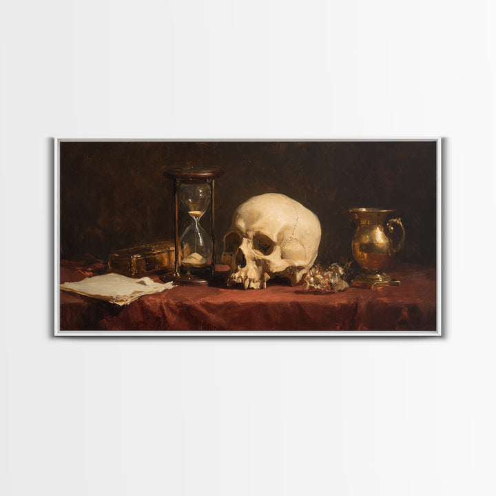 Skull and Hourglass Vanitas Still Life Framed Canvas Print, Baroque Art, Contemporary Art, Living Room Decor, Fine Art, Ornate, BAO-2x1-97