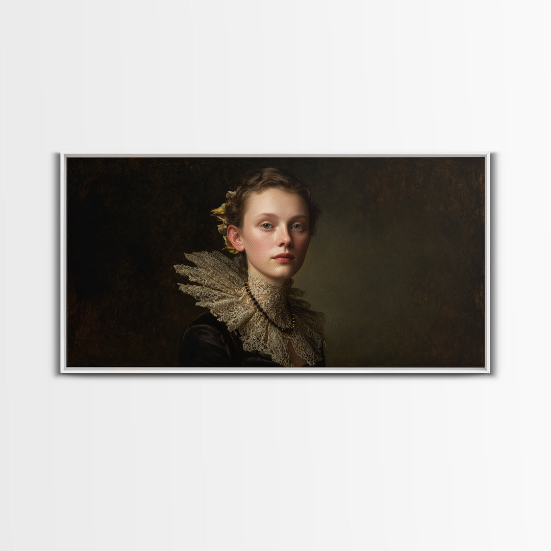 Classical Portrait with Lace Collar and Jewel Framed Canvas Print, Baroque Art, Oil Painting, Living Room Decor, Ornate, BAO-2x1-99