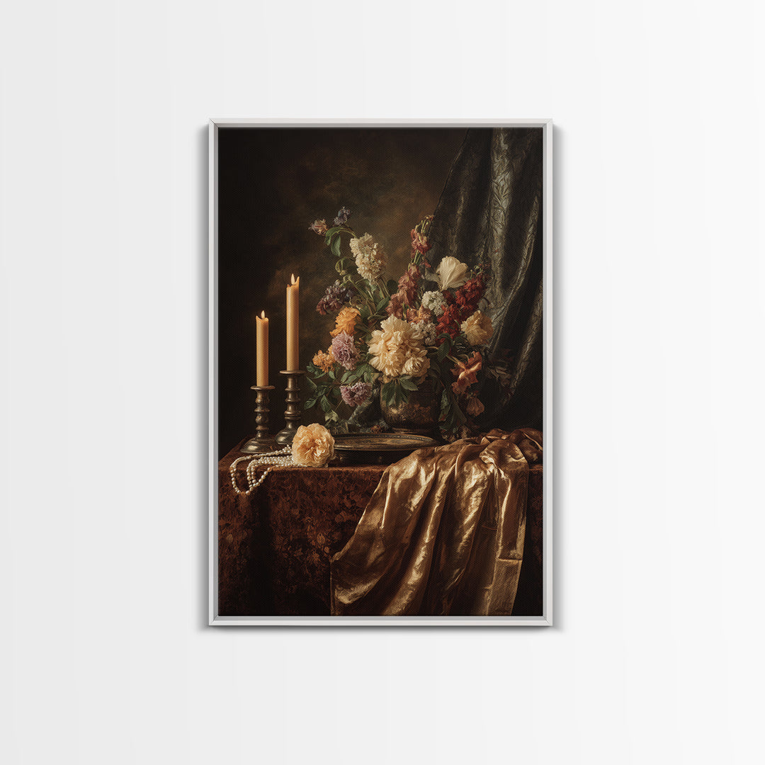 Velvet Drapery with Pearls Flowers and Candlelight Canvas Print, Baroque Art, Printable Art, Living Room Decor, Ornate, BAO-2x3-11