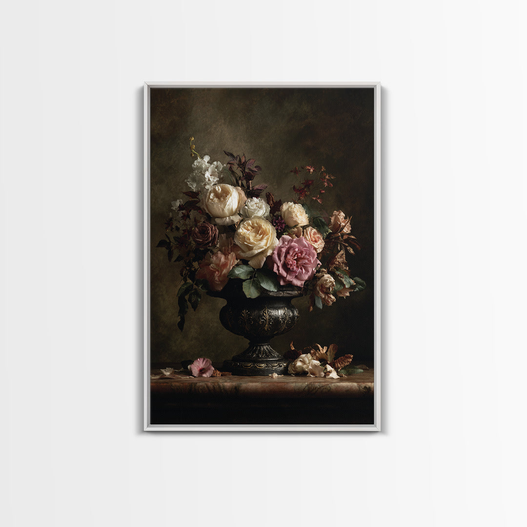 Dark Floral Arrangement Framed Canvas Print, Baroque Art, Feminist Art, Living Room Decor, Fine Art, Ornate, Luxury Decor, BAO-2x3-12