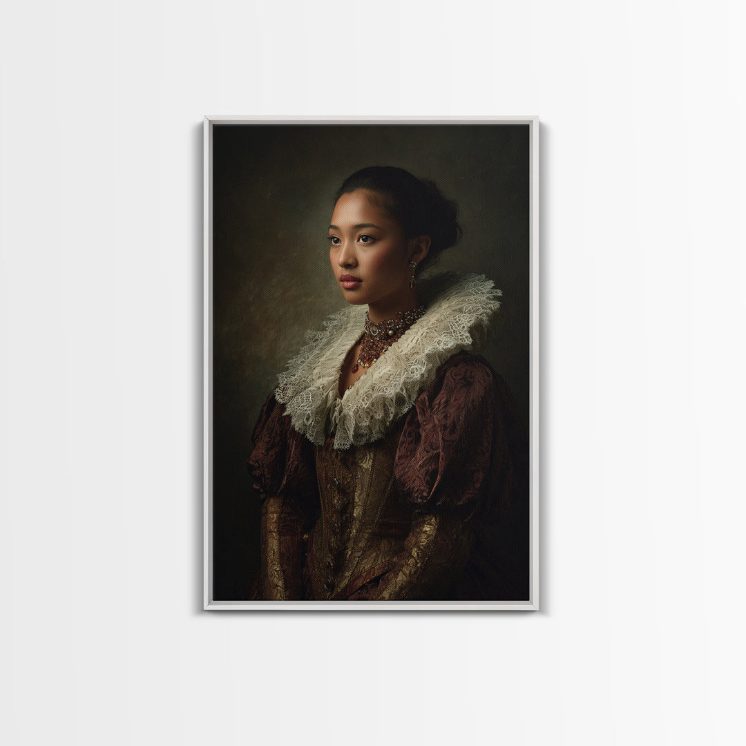 Classical Portrait with Lace Collar and Jewel Canvas Print, Baroque Art, Dark Academia Decor, Living Room Decor, Ornate, BAO-2x3-15