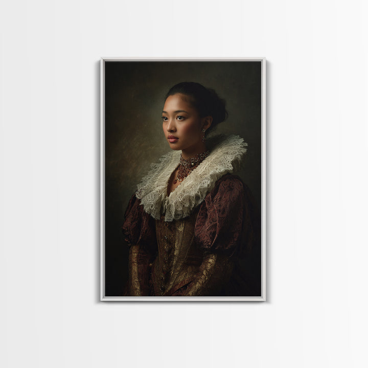 Classical Portrait with Lace Collar and Jewel Canvas Print, Baroque Art, Dark Academia Decor, Living Room Decor, Ornate, BAO-2x3-15