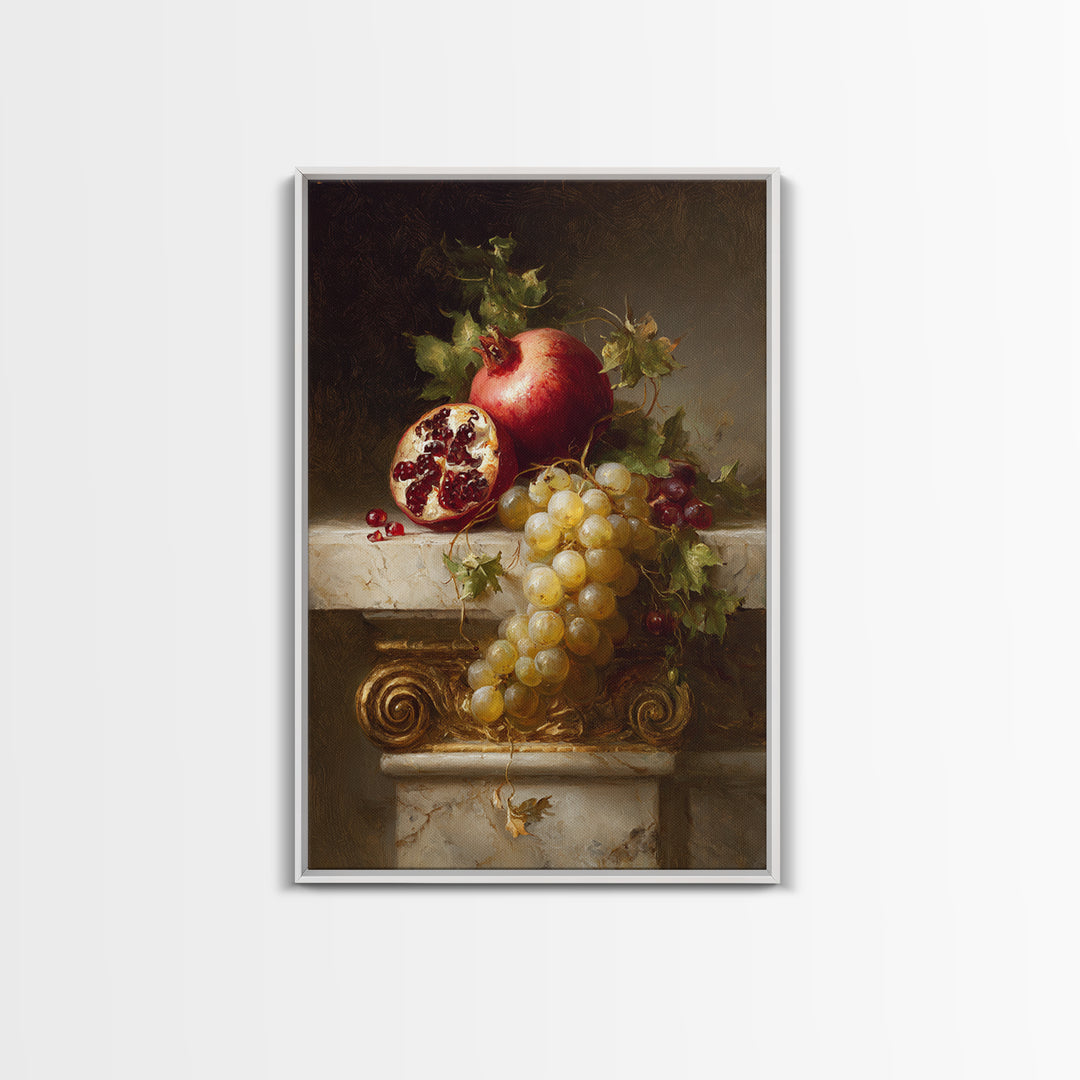 Pomegranate and Grapes on a Marble Ledge Canvas Print, Baroque Art, Printable Wall Art, Living Room Decor, Fine Art, Ornate, BAO-2x3-16
