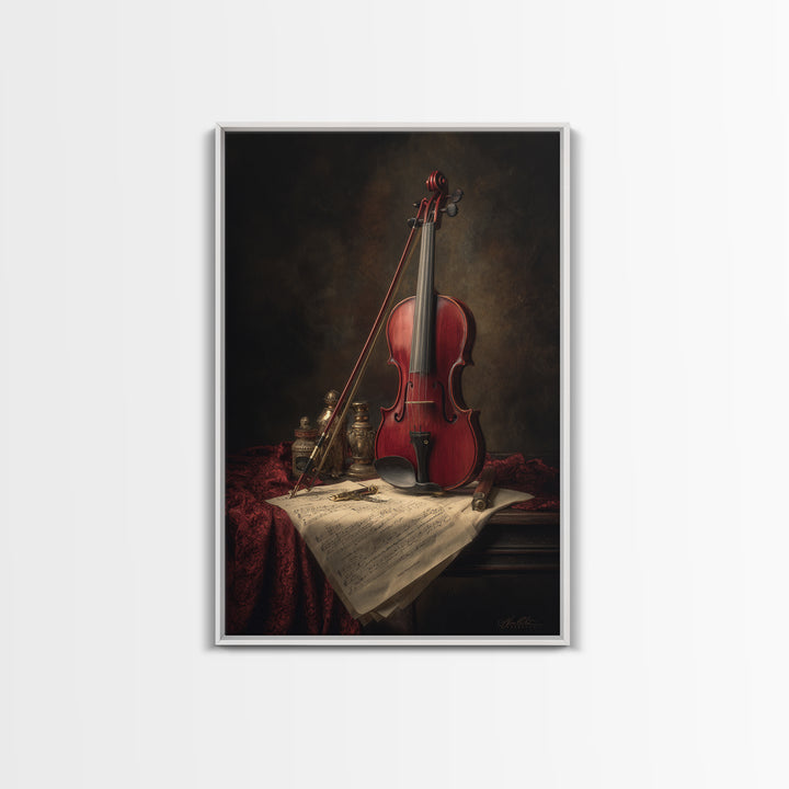 Baroque Violin and Sheet Music Still Life Framed Canvas Print, Baroque Art, Whimsical Decor, Living Room Decor, Ornate, BAO-2x3-19