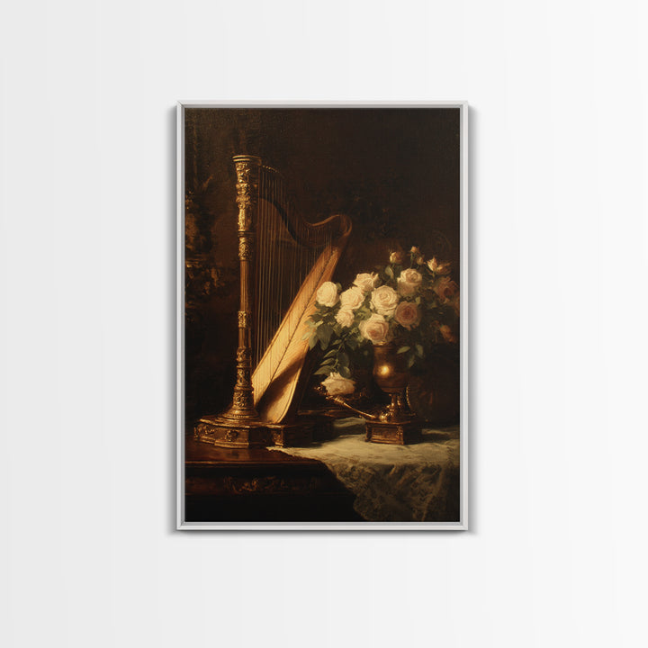 Golden Harp and Roses Framed Canvas Print, Baroque Art, Maximalist Wall Art, Living Room Decor, Abstract Art, Ornate, BAO-2x3-2