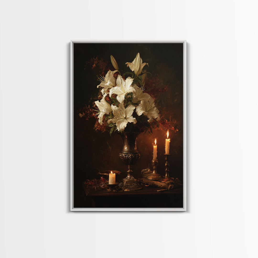 Dramatic White Lilies Framed Canvas Print, Baroque Art, Modern Decor, Living Room Decor, Oil Painting, Ornate, Poster, BAO-2x3-20