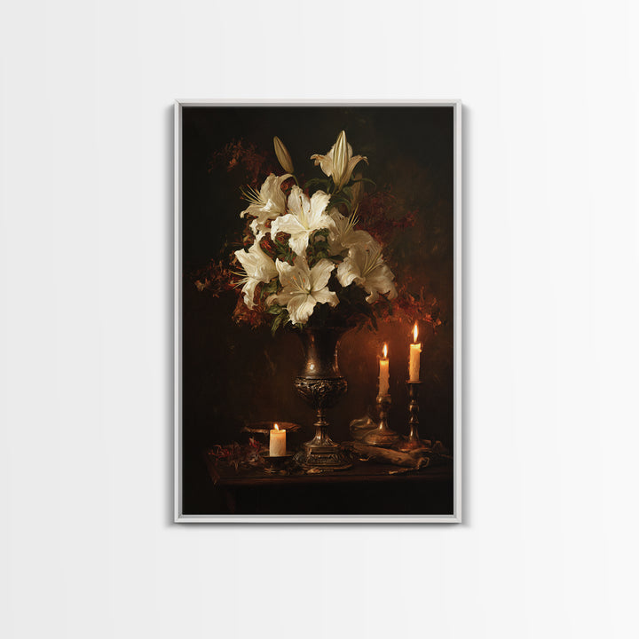 Dramatic White Lilies Framed Canvas Print, Baroque Art, Modern Decor, Living Room Decor, Oil Painting, Ornate, Poster, BAO-2x3-20
