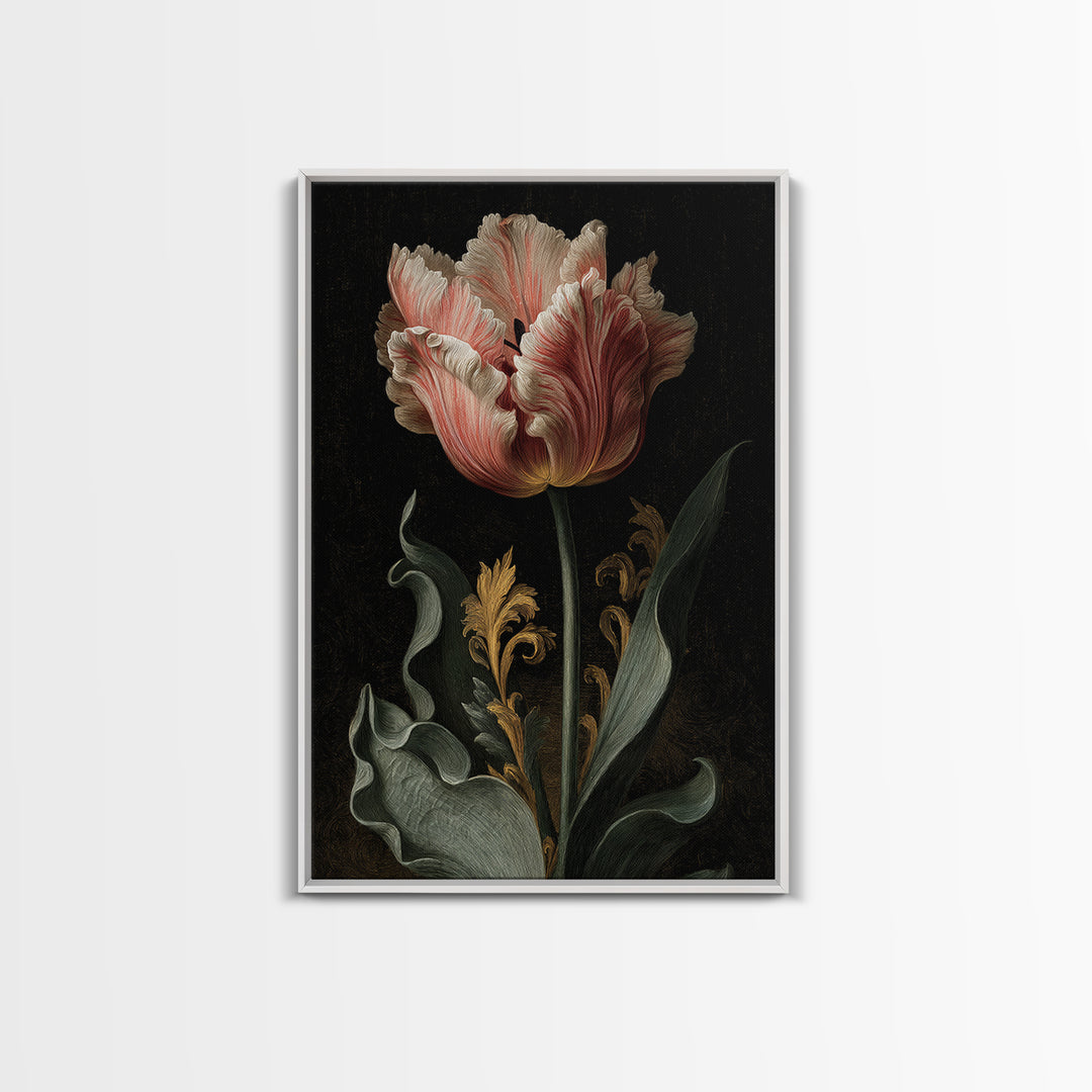 Black Background Tulips Framed Canvas Print, Baroque Art, Oil Painting, Living Room Decor, Fine Art, Ornate, Eclectic Wall Art, BAO-2x3-24