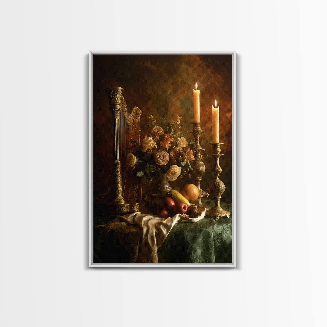 Golden Harp and Roses Framed Canvas Print, Baroque Art, Maximalist Wall Art, Living Room Decor, Abstract Art, Ornate, BAO-2x3-26