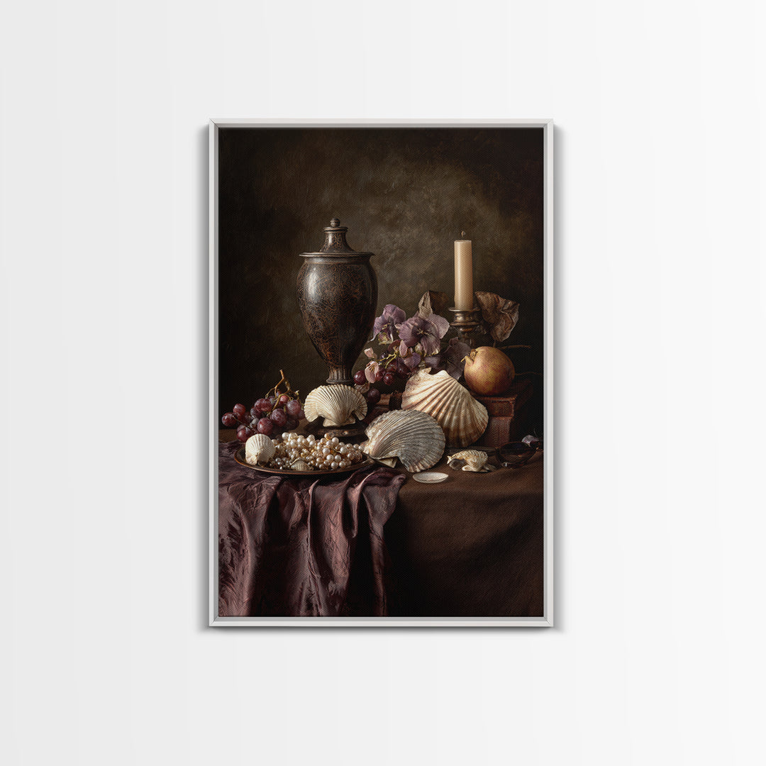 Ornamental Shell and Pearl Composition Framed Canvas Print, Baroque Art, Feminist Art, Living Room Decor, Fine Art, Ornate, BAO-2x3-30