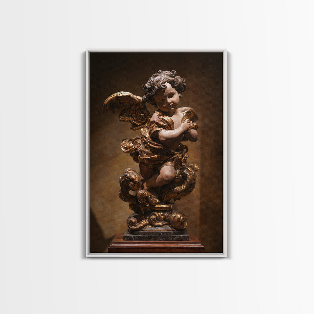Ornate Cherub Figure Surrounded by Clouds and Framed Canvas Print, Baroque Art, Neutral Decor, Living Room Decor, Oil Painting, BAO-2x3-34