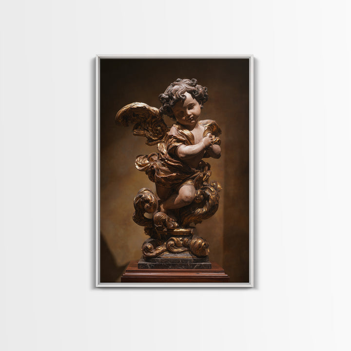 Ornate Cherub Figure Surrounded by Clouds and Framed Canvas Print, Baroque Art, Neutral Decor, Living Room Decor, Oil Painting, BAO-2x3-34