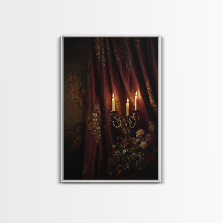 Velvet Drapery with Pearls Flowers and Candlelight Canvas Print, Baroque Art, Portrait Painting, Living Room Decor, Ornate, BAO-2x3-35