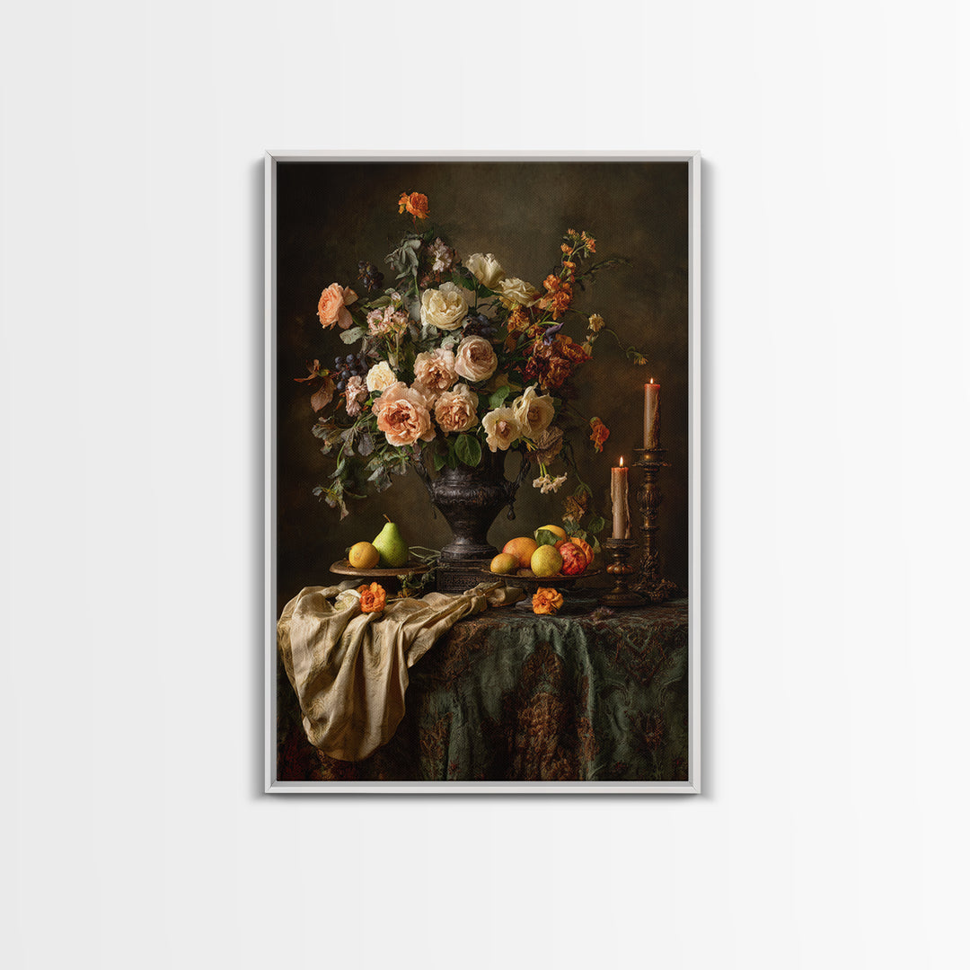 Dark Floral Arrangement Framed Canvas Print, Baroque Art, Decor, Living Room Decor, Fine Art, Ornate, Moody Wall Art, BAO-2x3-36