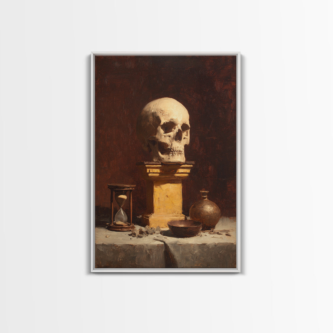 Skull and Hourglass Vanitas Still Life Framed Canvas Print, Baroque Art, Neutral Decor, Living Room Decor, Fine Art, Ornate, BAO-2x3-37
