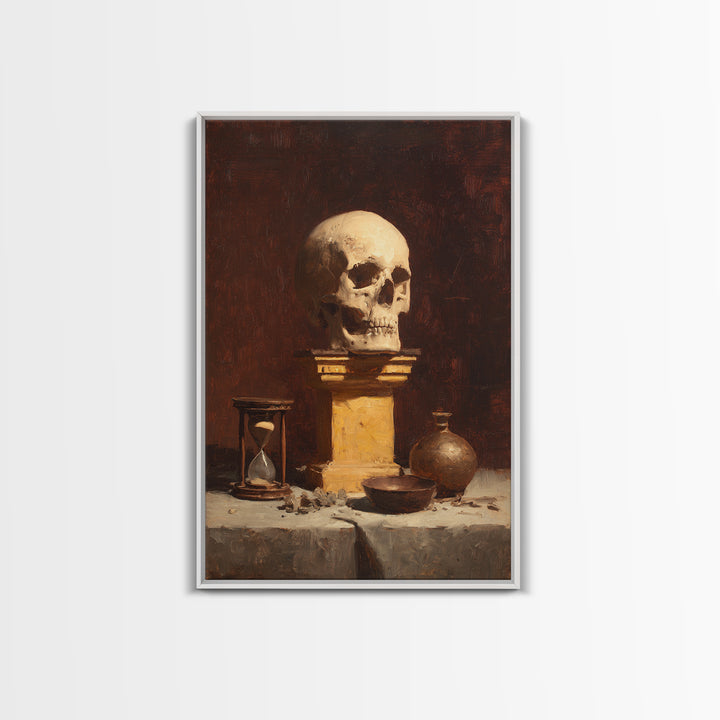 Skull and Hourglass Vanitas Still Life Framed Canvas Print, Baroque Art, Neutral Decor, Living Room Decor, Fine Art, Ornate, BAO-2x3-37