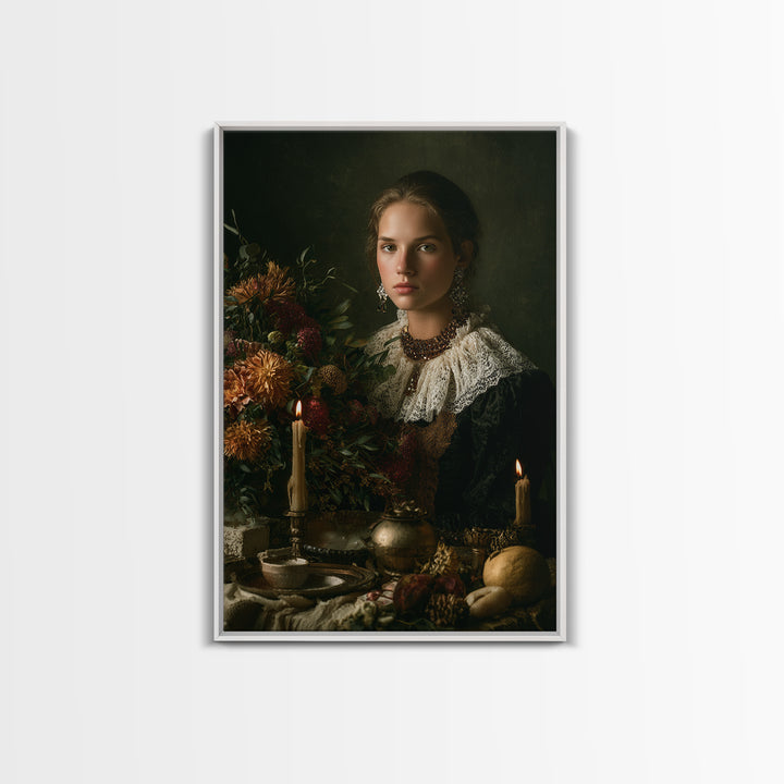 Classical Portrait with Lace Collar and Jewel Canvas Print, Baroque Art, Gallery Wall, Living Room Decor, Oil Painting, Ornate, BAO-2x3-39