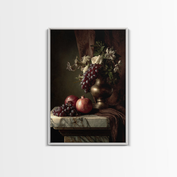 Pomegranate and Grapes on a Marble Ledge Canvas Print, Baroque Art, Moody Wall Art, Living Room Decor, Fine Art, Ornate, BAO-2x3-40