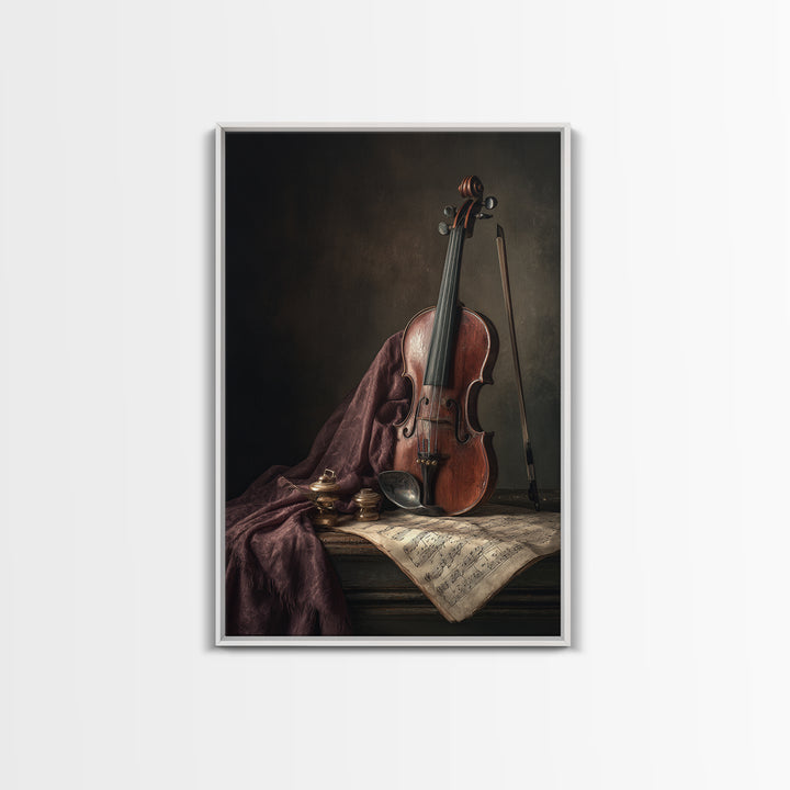 Baroque Violin and Sheet Music Still Life Framed Canvas Print, Baroque Art, Dark Academia Art, Living Room Decor, Ornate, BAO-2x3-43