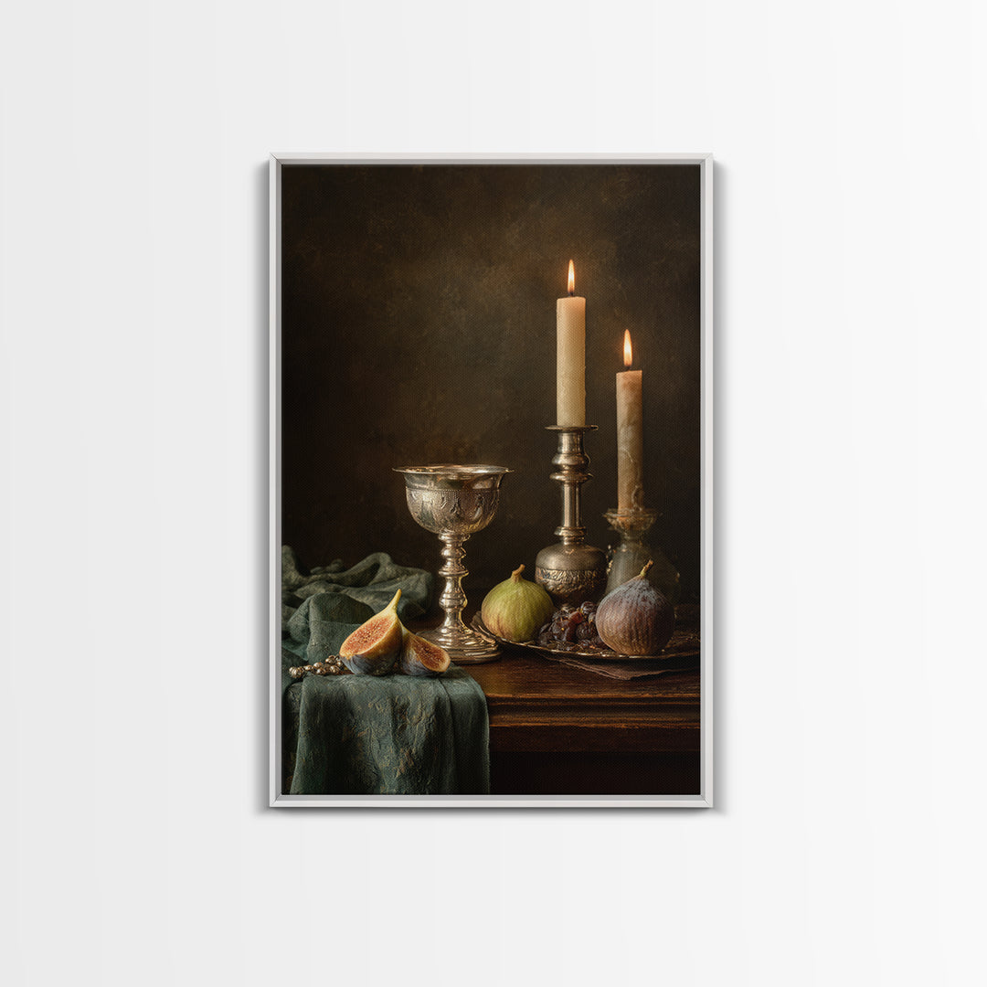 Candlelit Table with Silver Goblet and Figs Canvas Print, Baroque Art, Fine Art Print, Living Room Decor, Fine Art, Ornate, BAO-2x3-45