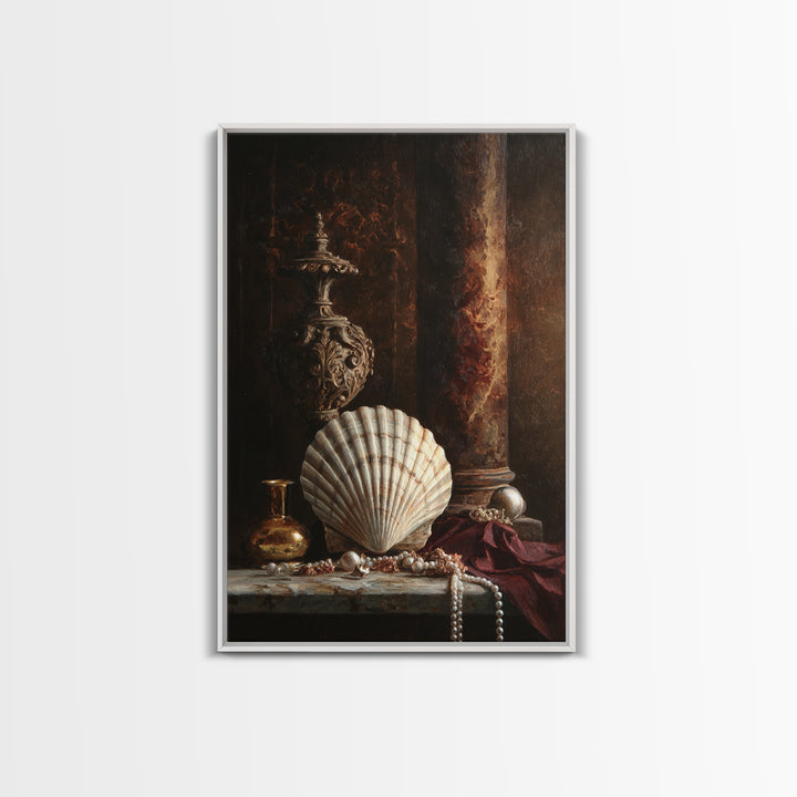 Ornamental Shell and Pearl Composition Framed Canvas Print, Baroque Art, Feminist Art, Living Room Decor, Fine Art, Ornate, BAO-2x3-6