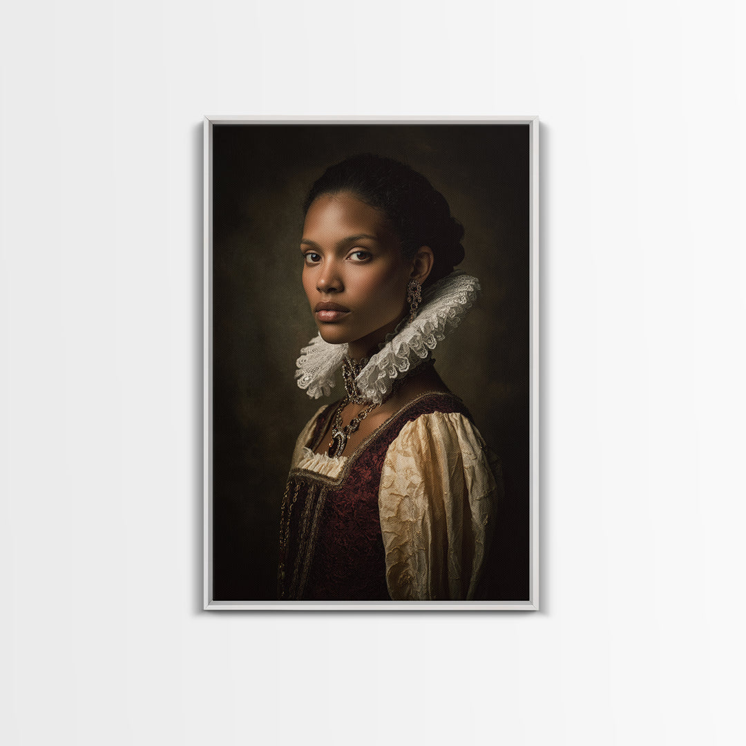 Classical Portrait with Lace Collar and Jewel Framed Canvas Print, Baroque Art, Feminist Art, Living Room Decor, Ornate, BAO-2x3-63