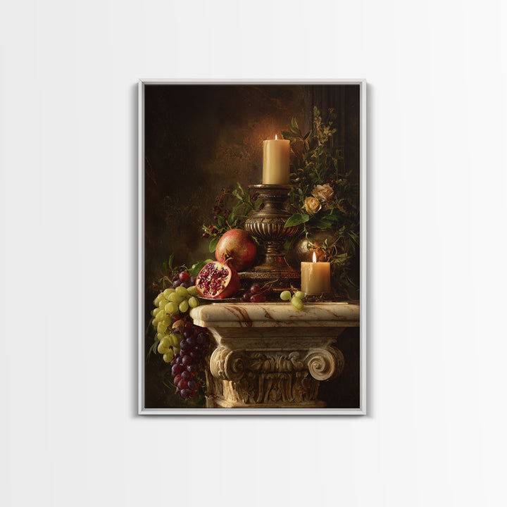 Pomegranate and Grapes on a Marble Ledge Framed Canvas Print, Baroque Art, Dark Academia Art, Living Room Decor, Ornate, BAO-2x3-64
