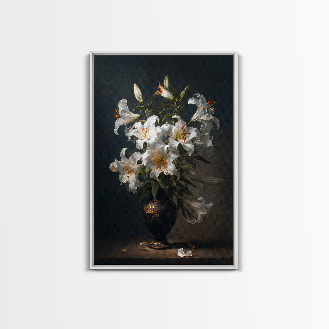 Dramatic White Lilies Framed Canvas Print, Baroque Art, Modern Decor, Living Room Decor, Fine Art, Ornate, Poster, Painting, BAO-2x3-68