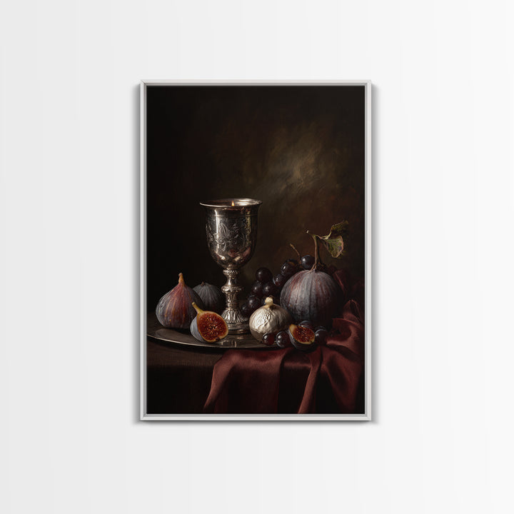 Candlelit Table with Silver Goblet and Figs Framed Canvas Print, Baroque Art, Room Decor, Living Room Decor, Fine Art, Ornate, BAO-2x3-69