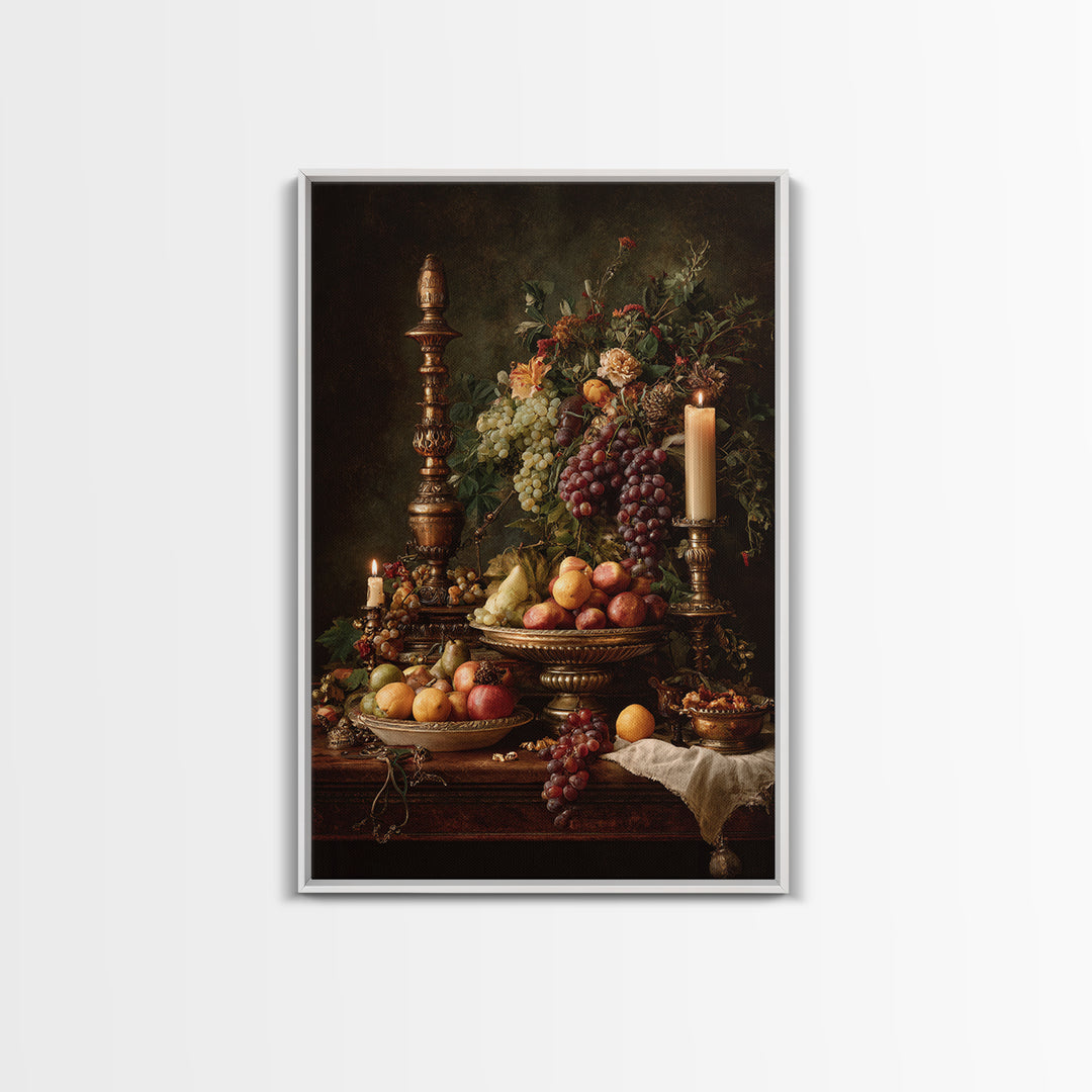Lavish Banquet Fruit Composition Framed Canvas Print, Baroque Art, Textured Painting, Living Room Decor, Fine Art, Ornate, BAO-2x3-76