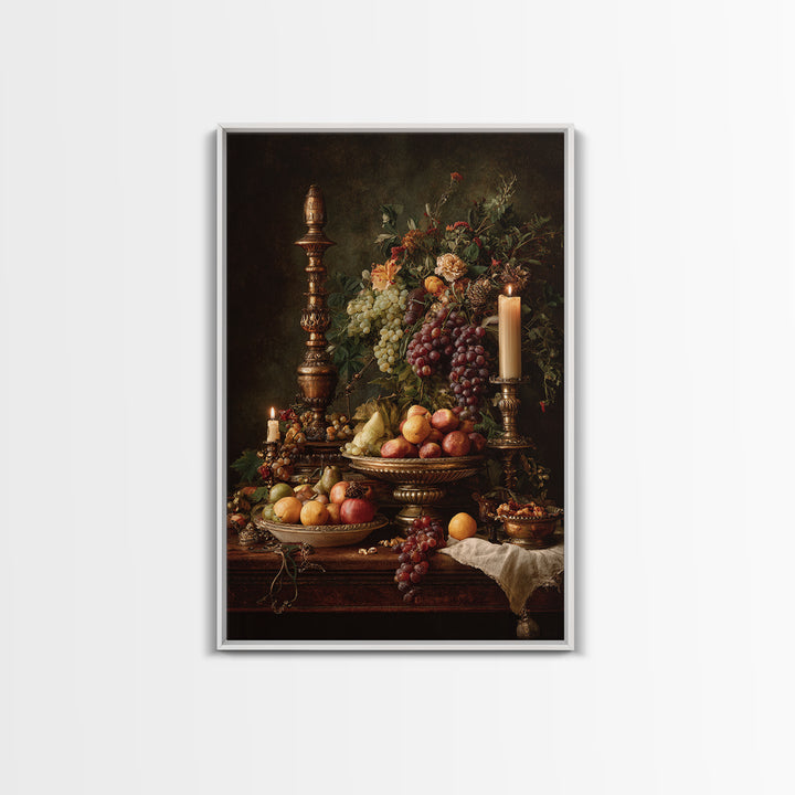 Lavish Banquet Fruit Composition Framed Canvas Print, Baroque Art, Textured Painting, Living Room Decor, Fine Art, Ornate, BAO-2x3-76