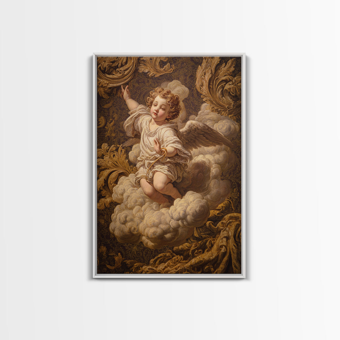 Ornate Cherub Figure Surrounded by Clouds and Canvas Print, Baroque Art, Luxury Decor, Living Room Decor, Fine Art, Ornate, BAO-2x3-82