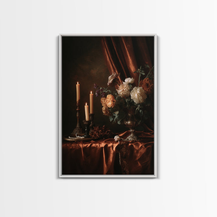 Velvet Drapery with Pearls Flowers and Candlelight Framed Canvas Print, Baroque Art, Boho Decor, Living Room Decor, Ornate, BAO-2x3-83