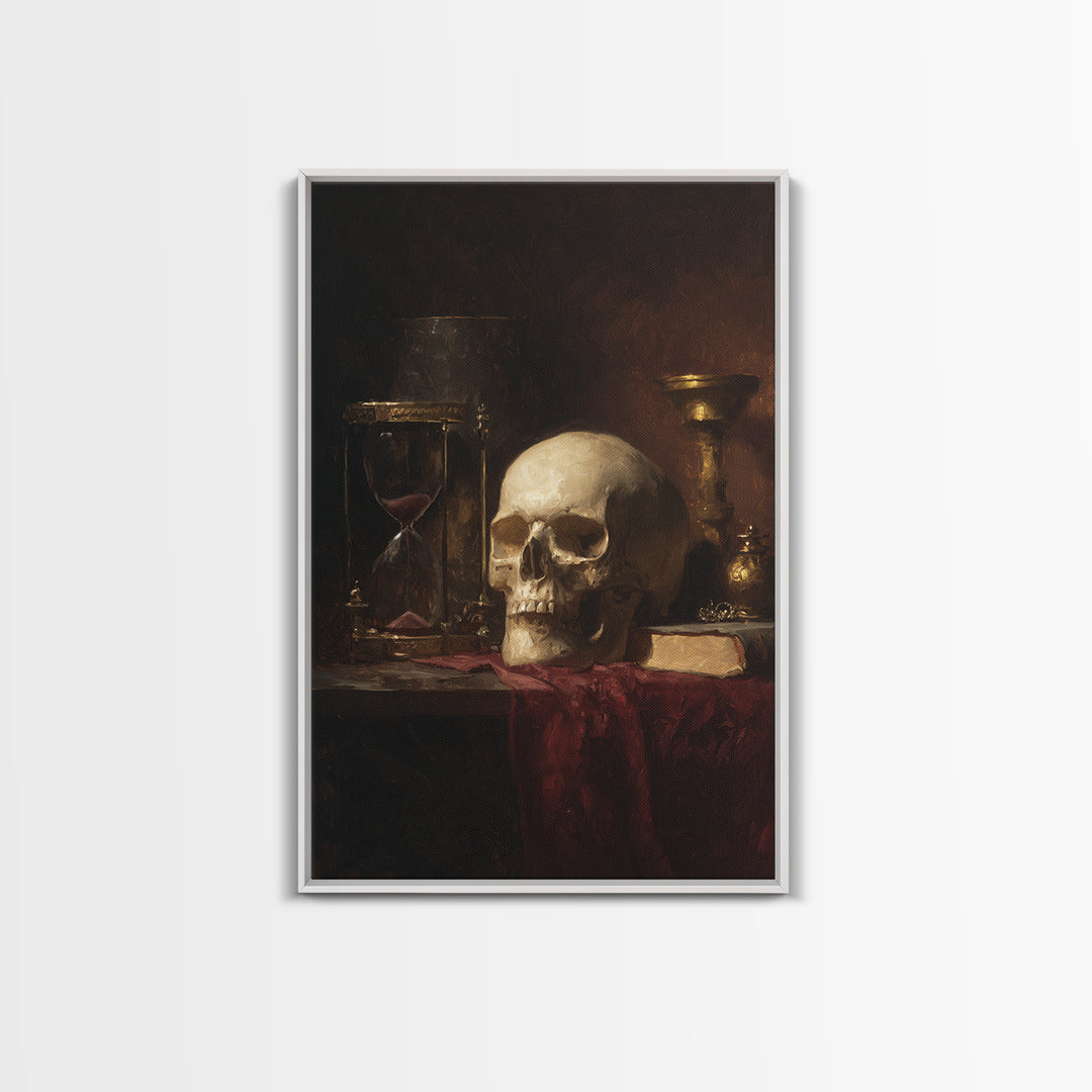 Skull and Hourglass Vanitas Still Life Framed Canvas Print, Baroque Art, Contemporary Art, Living Room Decor, Fine Art, Ornate, BAO-2x3-85
