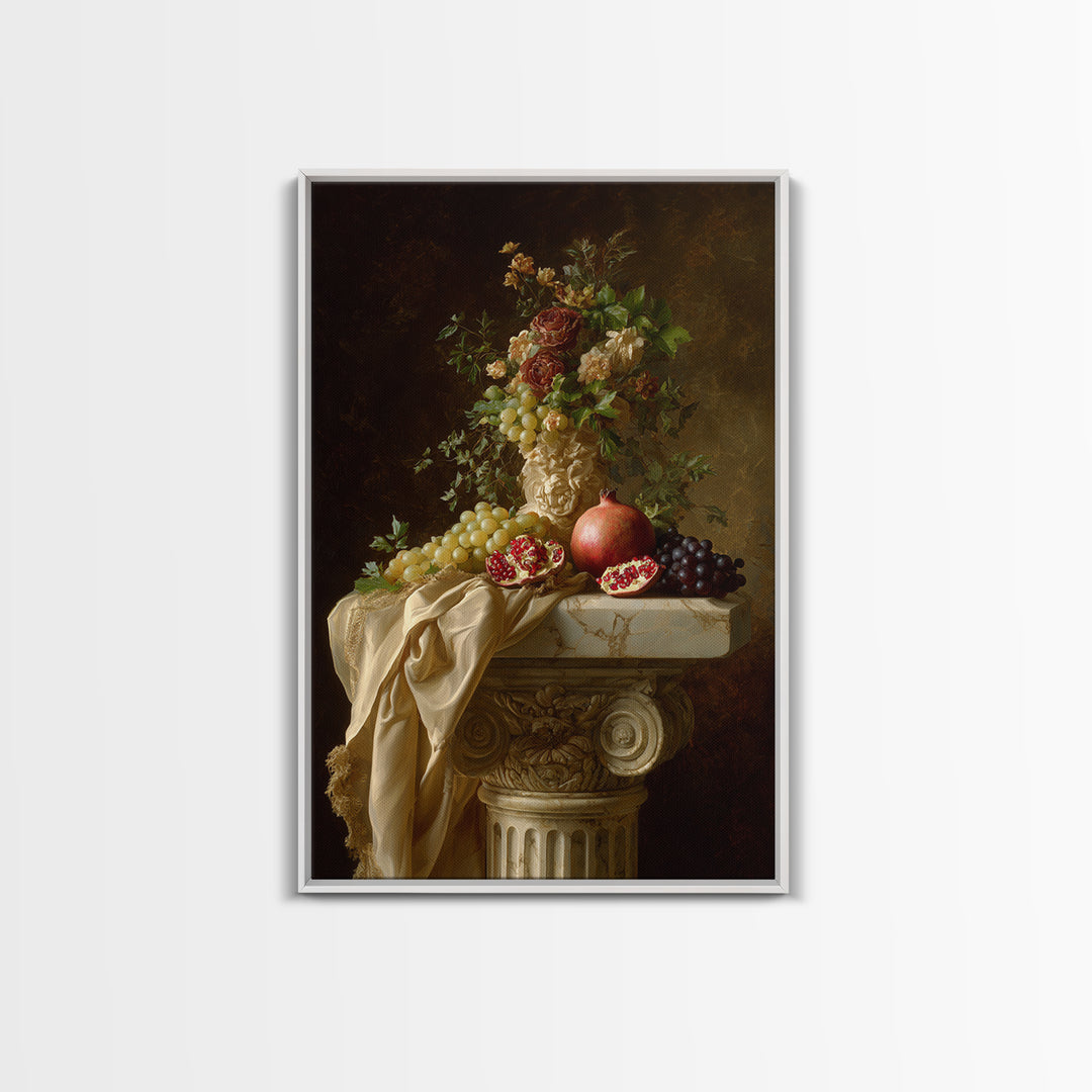 Pomegranate and Grapes on a Marble Ledge Framed Canvas Print, Baroque Art, Neutral Decor, Living Room Decor, Fine Art, Ornate, BAO-2x3-88