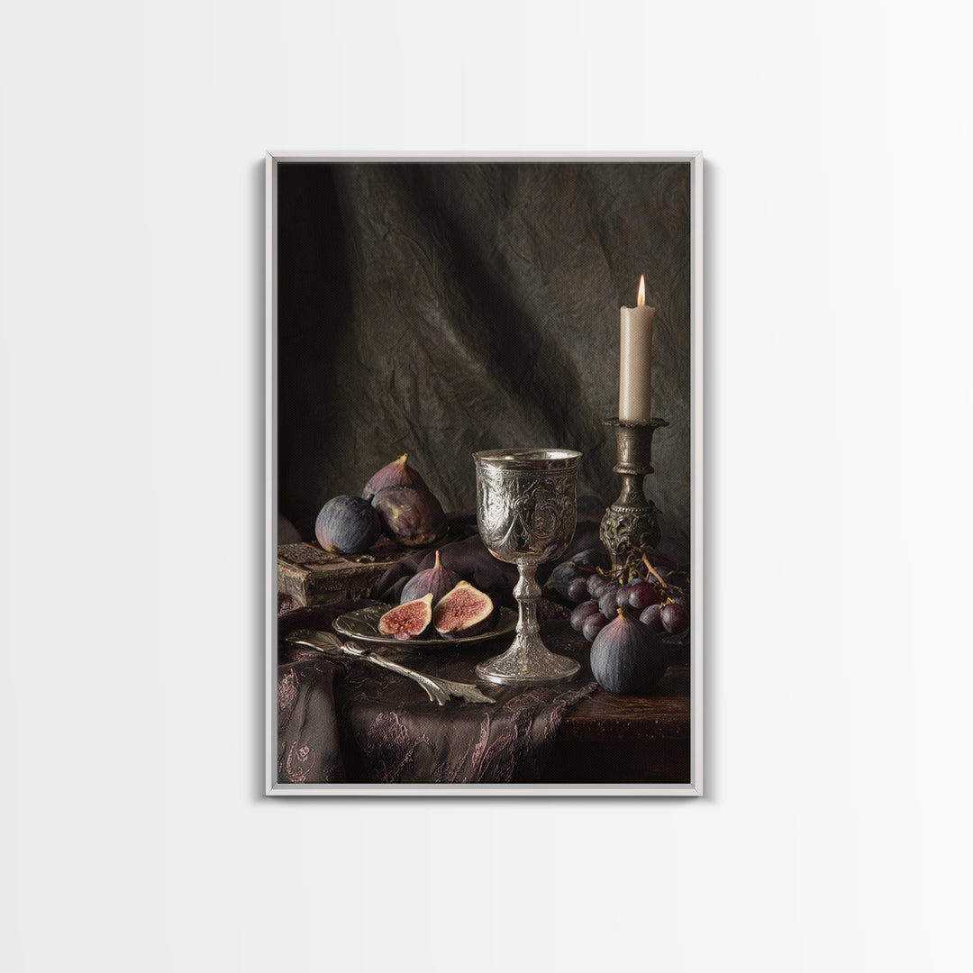 Candlelit Table with Silver Goblet and Figs Framed Canvas Print, Baroque Art, Room Decor, Living Room Decor, Fine Art, Ornate, BAO-2x3-93