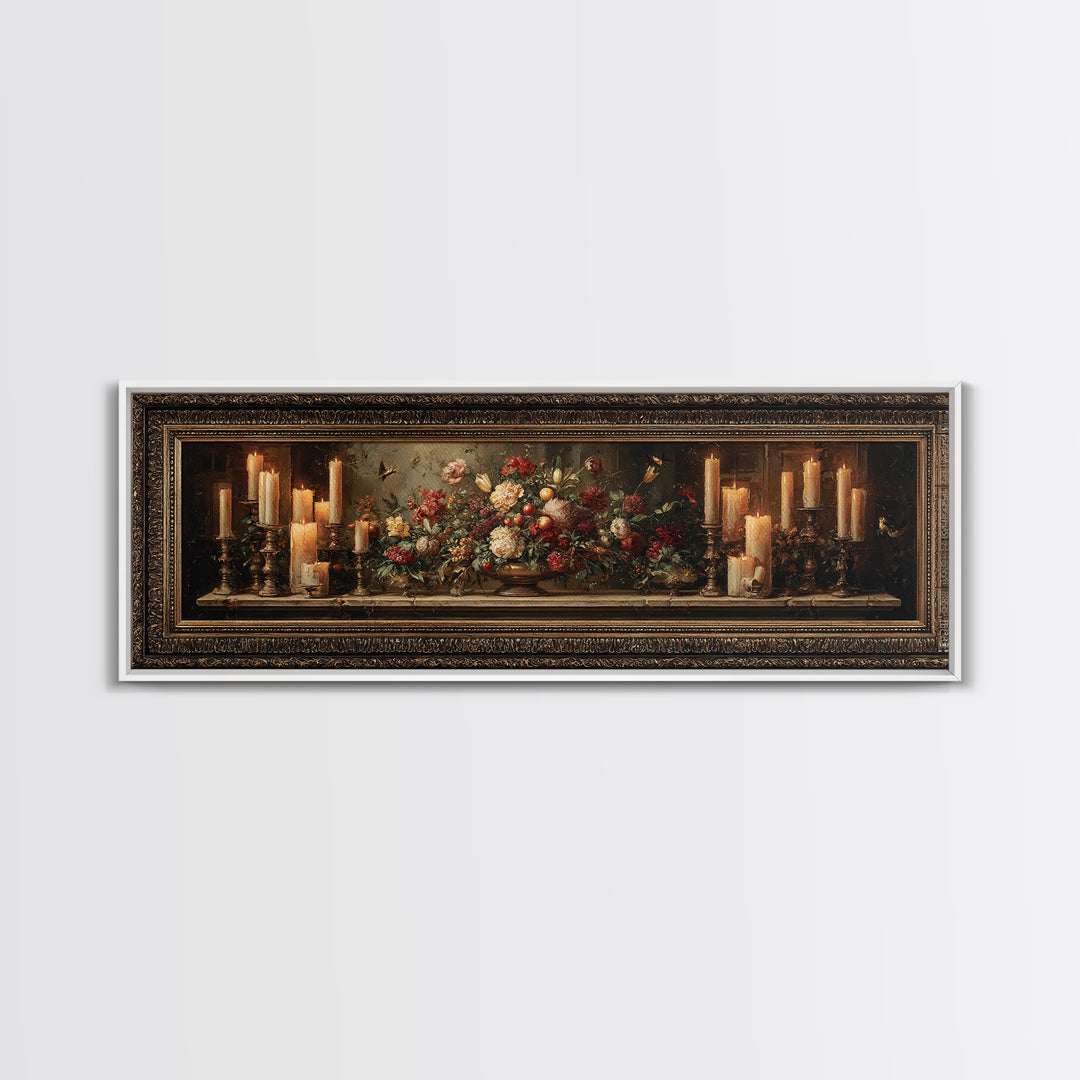 Ornate Gold Frame Illusion Around a Botanical Framed Canvas Print, Baroque Art, Wall Art, Living Room Decor, Fine Art, Ornate, BAO-3x1-1