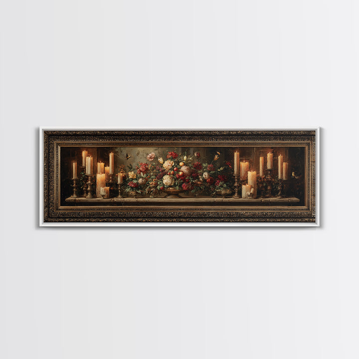 Ornate Gold Frame Illusion Around a Botanical Framed Canvas Print, Baroque Art, Wall Art, Living Room Decor, Fine Art, Ornate, BAO-3x1-1