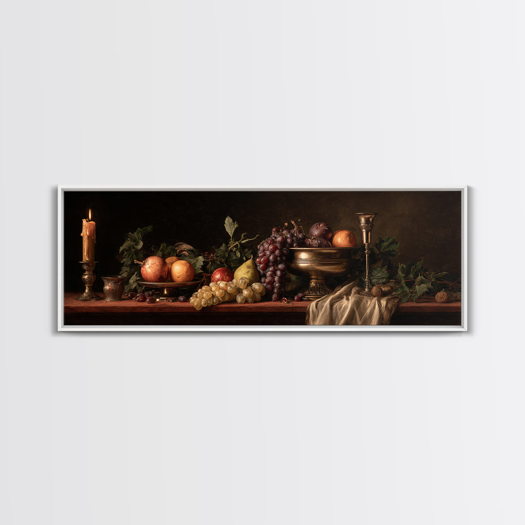 Dramatic Fruit Still Life Framed Canvas Print, Baroque Art, Decor, Living Room Decor, Fine Art, Ornate, Moody Wall Art, BAO-3x1-17