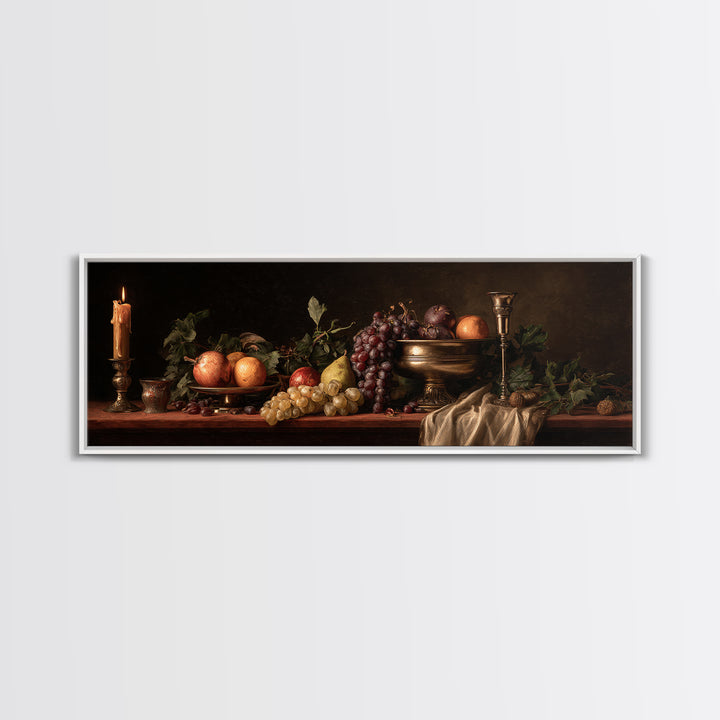 Dramatic Fruit Still Life Framed Canvas Print, Baroque Art, Decor, Living Room Decor, Fine Art, Ornate, Moody Wall Art, BAO-3x1-17