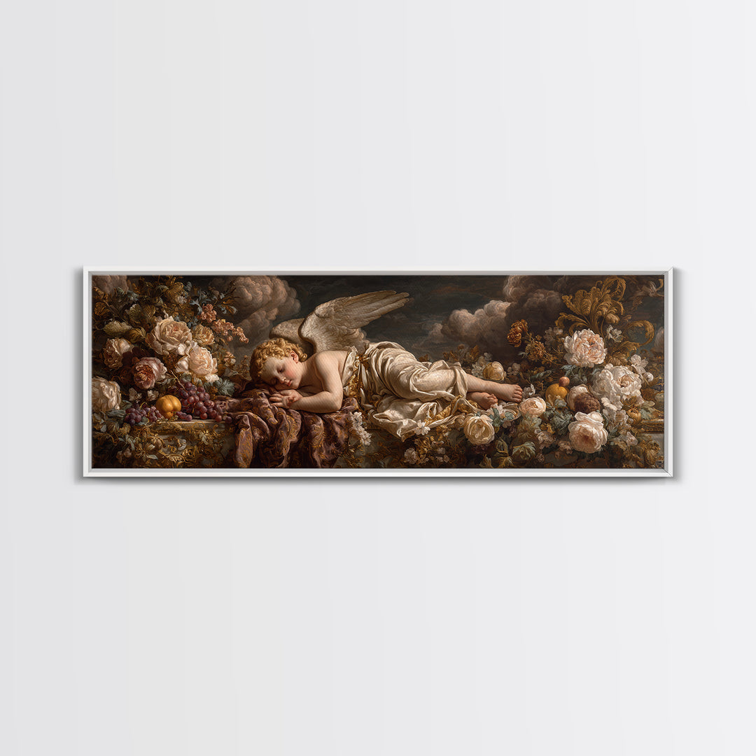 Ornate Cherub Figure Surrounded by Clouds and Framed Canvas Print, Baroque Art, Contemporary Art, Living Room Decor, Ornate, BAO-3x1-18
