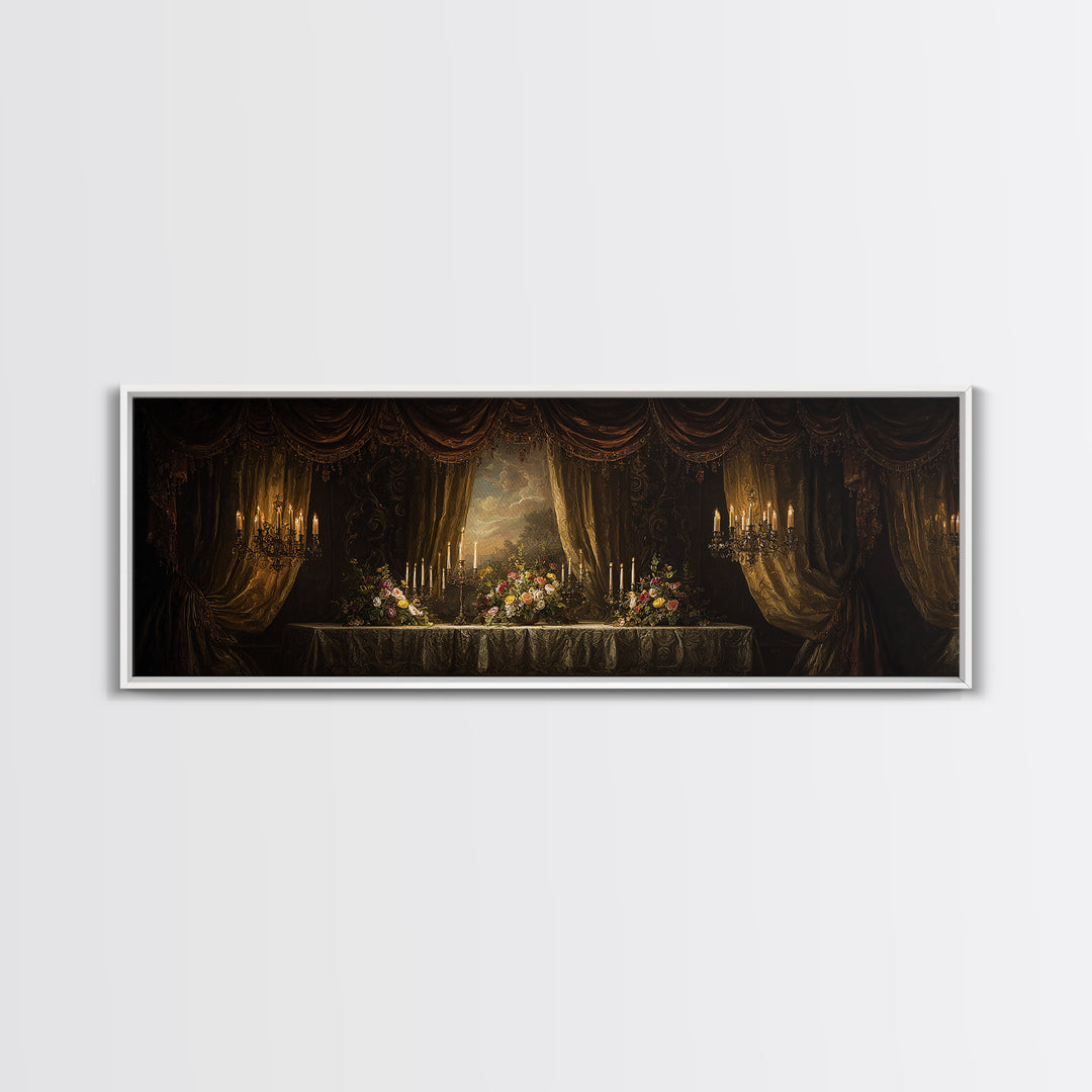 Velvet Drapery with Pearls Flowers and Candlelight Canvas Print, Baroque Art, Baroque, Living Room Decor, Watercolor Art, BAO-3x1-19